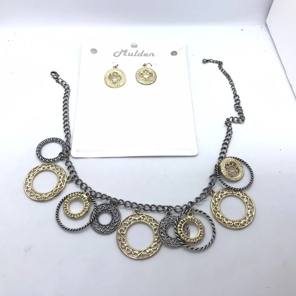 Mulden Necklace‎ Earring Set TwoTone Boho Textured Medallion Nickel Free  NEW